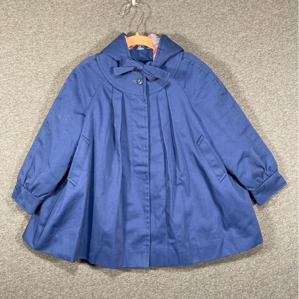 London Fog Vintage Girls Blue Hooded Cape Coat Bow Front Plaid Lined Size 4
